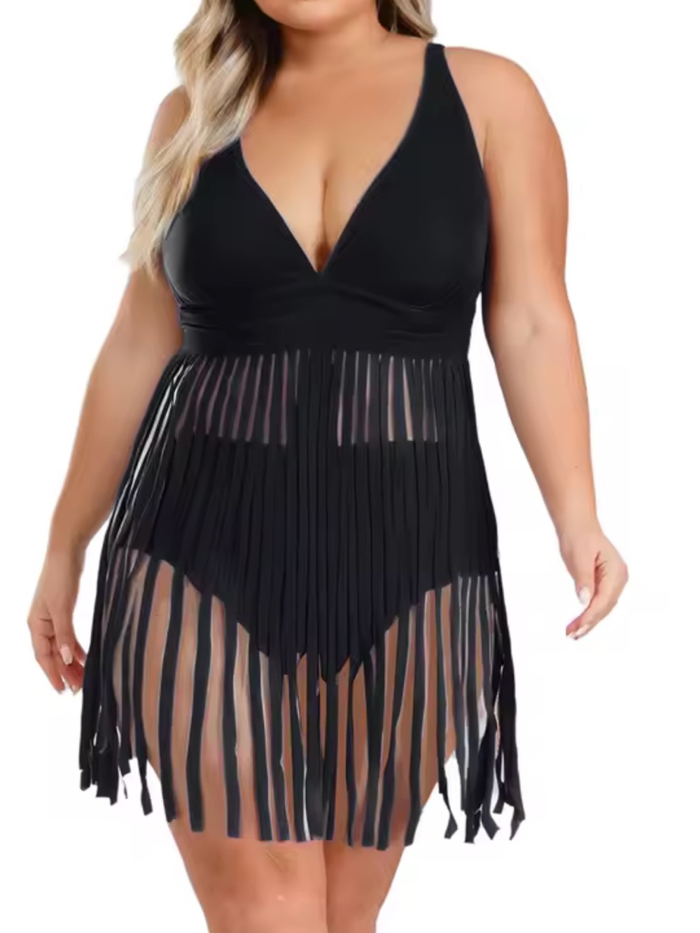 SHEIN Black Fringe Plus-Size Swim Coverup Dress